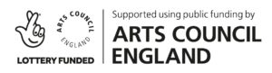 Arts Council England Lottery Funded. Supported using public funding by Arts Council England. A white background with black text.